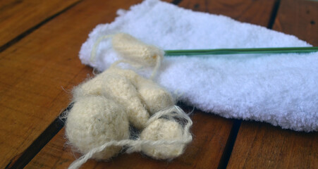 Knitted pieces of toys. Handicraft kit, handmade.