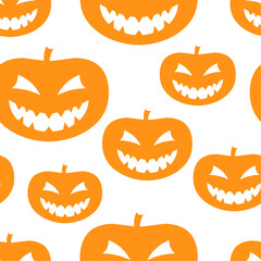 Bright orange halloween pumpkins isolated on white background. Cute festive seamless pattern. Vector flat graphic illustration. Texture.