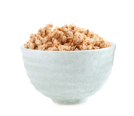 Tasty crispy granola in bowl isolated on white