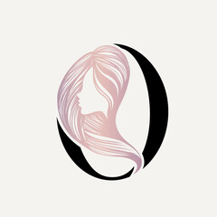 Letter O and woman portrait silhouette.Beauty and hair salon logo.Lettering icon.Alphabet initial and profile view face.Long, wavy hair.Cosmetics and spa logo isolated on light background.