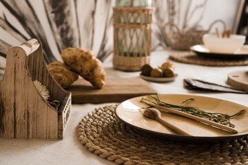 Natural crockery tableware. Dishes neutral tones, scandinavian style kitchen © brillianata