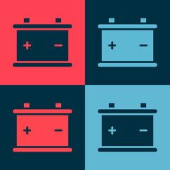 Pop art Car battery icon isolated on color background. Accumulator battery energy power and electricity accumulator battery. Vector Illustration.