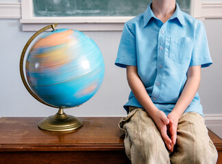 Child in classroom sits next to spinning globe