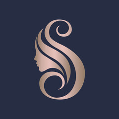 Letter S and woman portrait silhouette.Beauty and hair salon logo.Lettering icon.Alphabet initial and profile view face.Long hair.Cosmetics and spa logo isolated on dark background.Rose gold color.