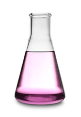 Glass conical flask with purple liquid sample isolated on white. Laboratory analysis