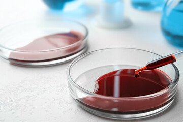 Dripping blood from pipette into Petri dish on table, closeup. Laboratory analysis