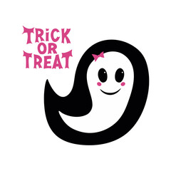 Cute girl ghost with pink blush, bow and trick or treat lettering. Halloween greeting card. Isolated on white background. Vector stock illustration.