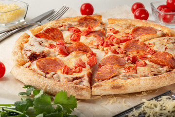 Pepperoni pizza on a light background. Pizza with sausage, tomato paste and tomatoes on a light background.