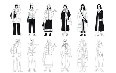 Set of silhouettes of women in spring and winter outerwear, linear sketch, standing in different poses, business people, vector illustration, black color, isolated on a white background
