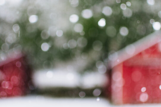 Snow Flakes Falling Near A Red Barn