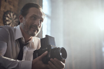 cinematic photo shoot of the confident actor celebrity look in foggy loft room
