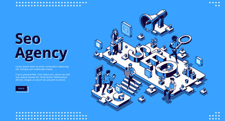 SEO agency banner. Service for promotion and advertising company in social media and web. Vector landing page of search engine optimization of content with isometric people, laptops and megaphone