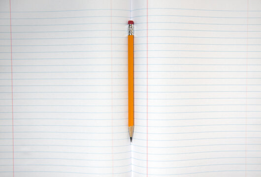 Pencil rests in the spine of a blank lined notebook