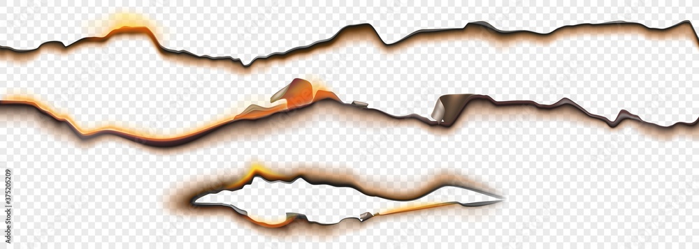Poster burnt paper edges with fire and black ash isolated on transparent background. vector realistic set o