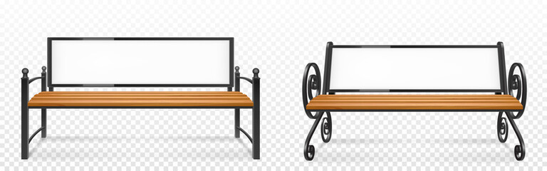 Wooden bench with empty advertising banner on back for street, park or garden. Vector realistic set of outdoor furniture for seat, bench with white blank billboard isolated on transparent background