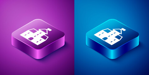 Isometric Castle icon isolated on blue and purple background. Medieval fortress with a tower. Protection from enemies. Reliability and defense of the city. Square button. Vector.