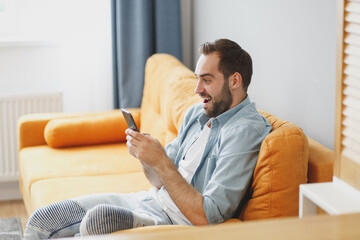 Side view of excited amazed young bearded man wearing casual white t-shirt blue shirt using mobile cell phone typing sms message sitting on couch resting relaxing spending time in living room at home.