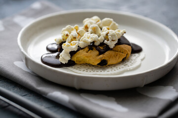 Sweet dessert with homemade cookies and chocolate cream