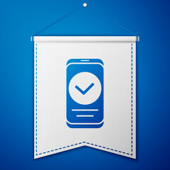 Blue Smartphone, mobile phone icon isolated on blue background. White pennant template. Vector.