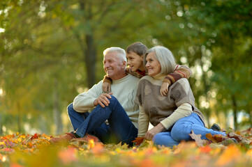 Fototapeta premium Happy grandfather, grandmother and grandson in park
