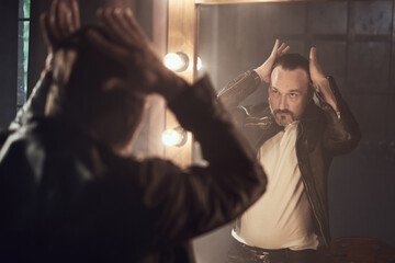 cinematic photo shoot of the confident actor celebrity look in foggy loft room