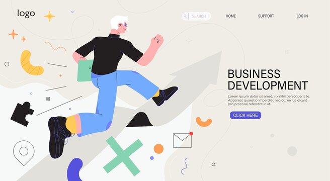 Businessman Running On Arrow Through Obstacles To His Goal. Business Developement, Career Success Or Growth And Opportunity, Startup Concept Banner, Landing Web Page. Creative Trendy Character.