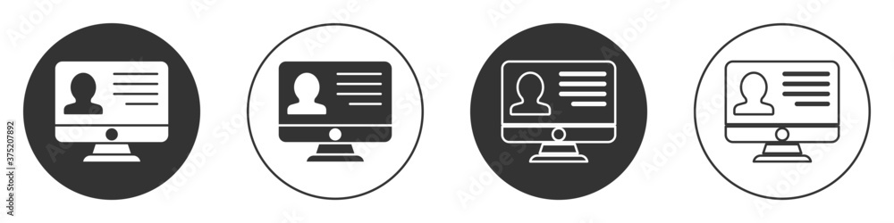 Aufkleber black computer monitor with resume icon isolated on white background. cv application. searching prof
