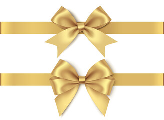 Decorative gold bow with horizontal golden ribbon. Set of bows for page decor isolated on white background. Vector stock illustration - obrazy, fototapety, plakaty
