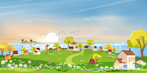 Spring landscape at village by the lake with meadow on hills with blue sky,Panoramic countryside by the sea with green field,farmhouse, barn and grass flowers,Vector Summer or Spring nature background