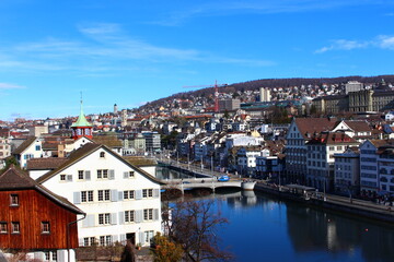 Zurich Switzerland houses with river and blue sky 