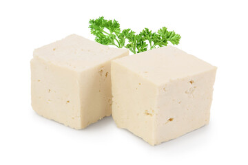 diced tofu cheese isolated on white background with clipping path and full depth of field,