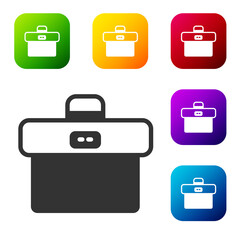 Black Briefcase icon isolated on white background. Business case sign. Business portfolio. Set icons in color square buttons. Vector.