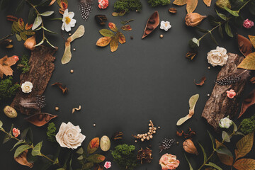 Autumnal-winter concept with dried flowers and leaves, branches of eucalyptus, bark of trees and ...