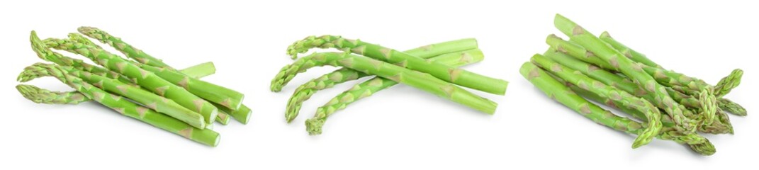 Fresh cut sprouts of asparagus isolated on white background. Set or collection.