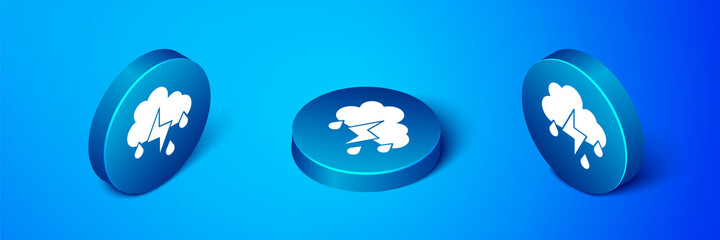 Isometric Cloud with rain and lightning icon isolated on blue background. Rain cloud precipitation with rain drops.Weather icon of storm. Blue circle button. Vector.
