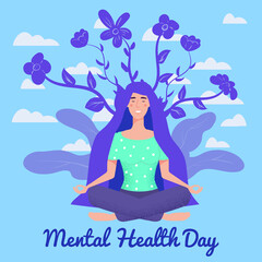 Fototapeta na wymiar World Mental Health Day poster template. Yong woman sitting in yoga lotus pose relaxed
