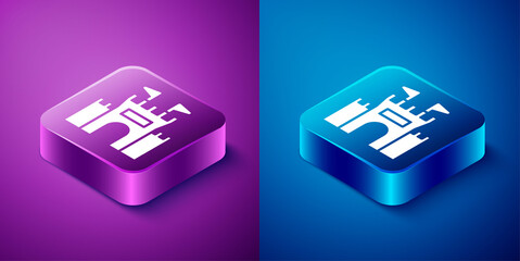 Isometric Castle icon isolated on blue and purple background. Square button. Vector.