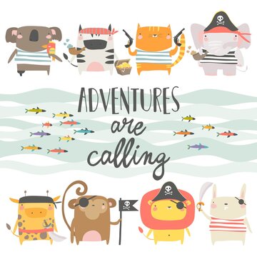 Cute animals with pirate and sailor attributes style