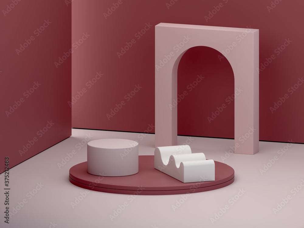 Aufkleber minimal scene with podium, arch and abstract background. geometric shapes. garnet color, dark scene 
