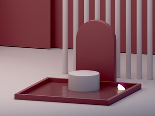 Minimal scene with podium, arch  and abstract background. Geometric shapes. Garnet color, dark scene with lights and geometrical forms and water for cosmetic product. 3d render