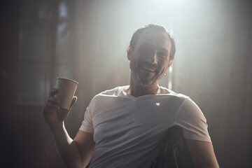 cinematic photo shoot of the confident actor celebrity look in foggy loft room