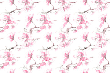 Watercolor Sakura Japan. Seamless Apple Ornament. 