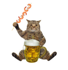 A beige big eyed cat drinks beer from a big mug and eats a shrimp skewer. White background....