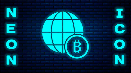 Glowing neon Globe and cryptocurrency coin Bitcoin icon isolated on brick wall background. Physical bit coin. Blockchain based secure crypto currency. Vector.