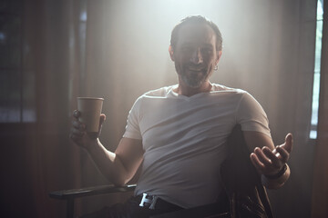 cinematic photo shoot of the confident actor celebrity look in foggy loft room