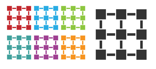 Black Blockchain technology icon isolated on white background. Cryptocurrency data. Abstract geometric block chain network technology business. Set icons colorful. Vector.
