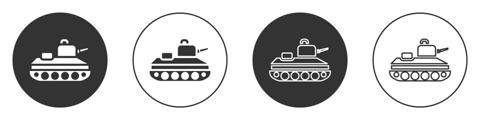 Obraz premium Black Military tank icon isolated on white background. Circle button. Vector.