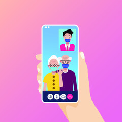 International day of the older person. Man talks to cute grandma and grandpa by smartphone. Couple of older people. Vector illustration for web, greeting card, invitation, banner, print.