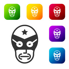 Black Mexican wrestler icon isolated on white background. Set icons in color square buttons. Vector.