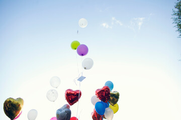 Colourful balloons flying up in the air.